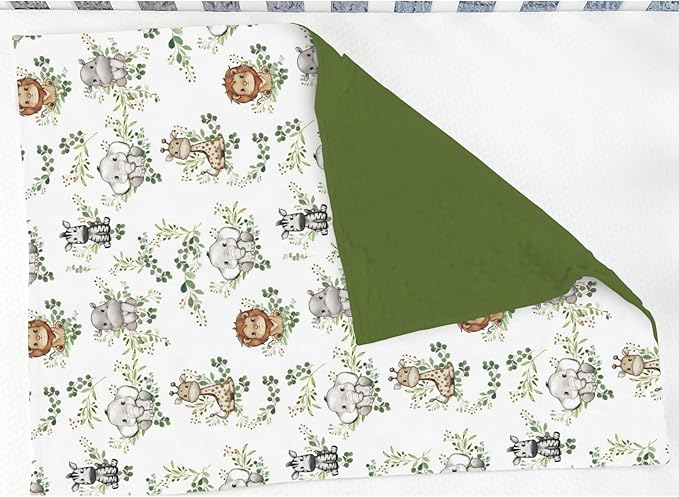 Cute Jungle Safari Animals Green Leaves Baby Blankets for Girl Boy Lion Giraffe Elephant Zebra Soft Mink Dotted Backing Double Layer Swaddle Blanket Bed Throw for Newborn Infant Toddler Nursery 30x40
