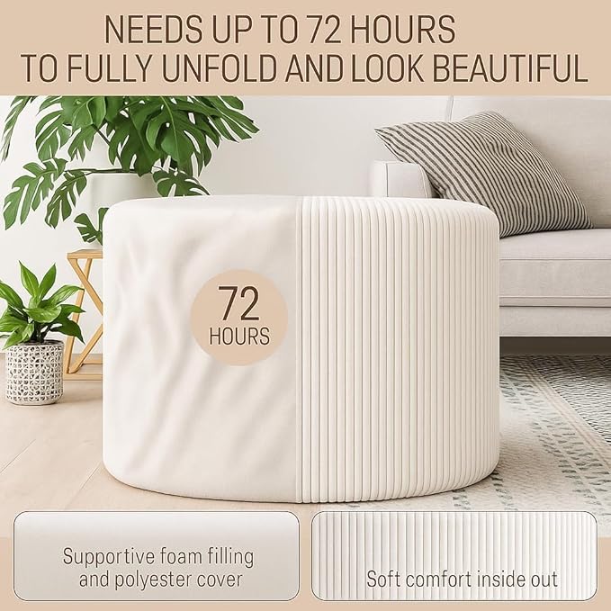 Round Pouf Ottoman and Foot Rest, Soft Corduroy Poufs with Foam Filling, Comfort Sponge Stuffed Poofs for Couch Desk Resting Your Feet, White