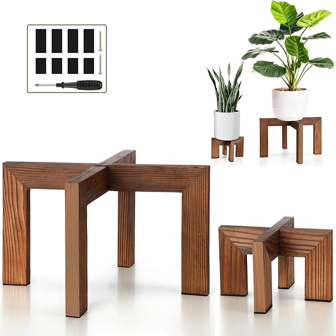 2 Pcs Wood Plant Stands Indoor Mid Century Modern Holders for Plants Wooden Flower Stands, Boho Rustic Wooden Stool for Plant Pot Holder(Large Fit 5-15 Inch Pot, Small Fit 3-8.2inch)