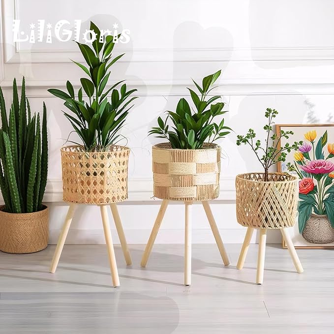 Boho Rattan Plant Stand Set of 2 – Handwoven Wicker Mid-Century Modern Floor Planter Stand for Indoor Plants, Large Farmhouse Decor, Sturdy Wood & Rope Design, Housewarming Gift