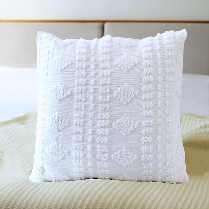 White Euro Sham Covers Shabby Chic Boho Tufted 26x26 Set of 2 Euro Pillow Covers Poms Diamonds Moroccan Embroidery Decorative European Large Pillow Cover