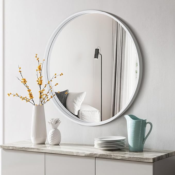 WallBeyond Round Wood Mirror 28 inch Circle Wall Mirror for Bathroom Round Wall Mirror for Wall Decor, Vanity, Entryway Living Room (White)