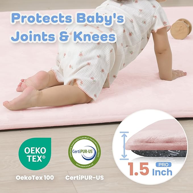 1.5" Thick Baby Play Mat for Floor, 59x79 Playpen Mat, Pro Soft Flannel Foam Mats Toddler Infant Kids Crawling for Nursery Rug Playroom Living Room Waterproof Easy Care Non-Slip (Baby Pink)