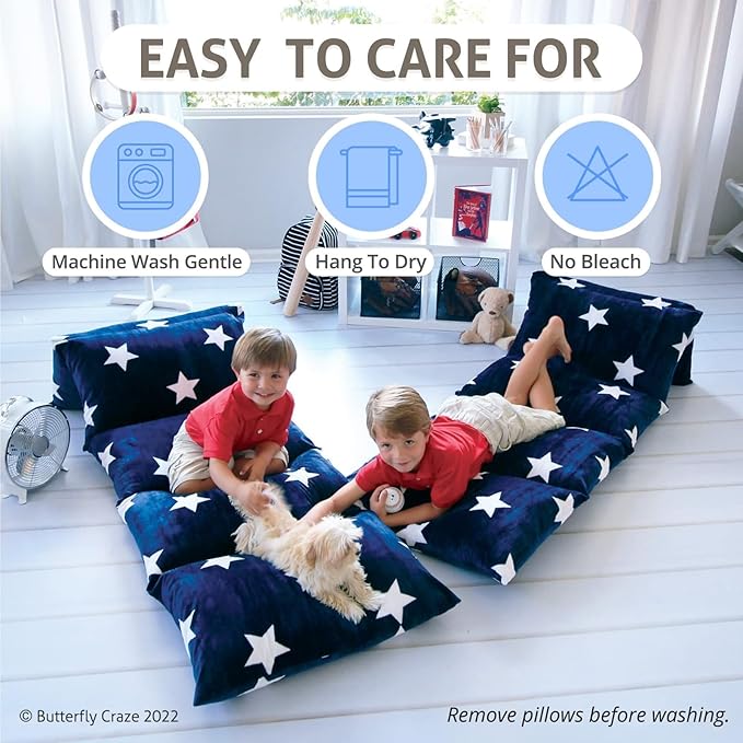 Butterfly Craze Floor Pillow Case, Mattress Bed Lounger Cover, Star Navy, Queen Size - Cozy Seating Solution for Kids & Adults, Recliner Cushion, Perfect for Reading, TV Time (Pillow Not Included)