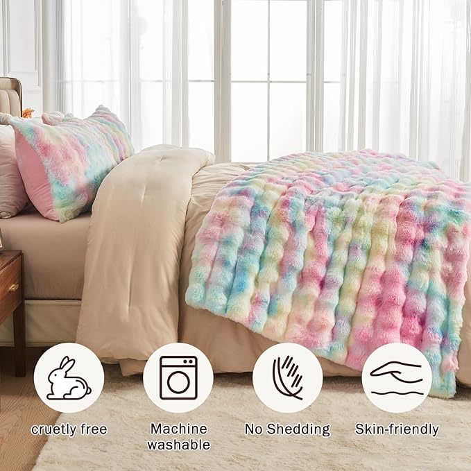 EMME Faux Fur Blanket Queen Size Rainbow - Big Bubble Rabbit Cozy Blanket for Couch, Thick Furry Plush Shaggy Blankets, 650GSM, 90x90 Inches
