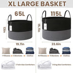 115L Extra Large Blanket Basket for Living Room - Woven Cotton Rope Laundry Hamper with Reinforced Handles - Storage Bin for Pillows, Comforters & Toys - Machine Washable, Black&Grey