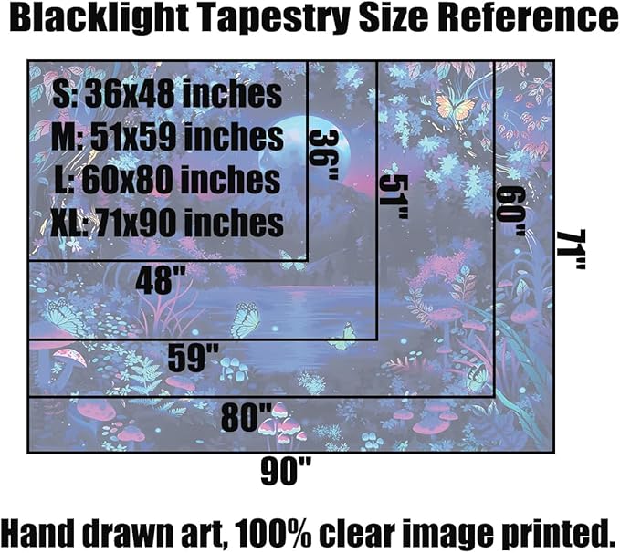 Blacklight Fantasy Forest Tapestry Moon Mountain Lake UV Reactive Tapestry Glow in the Dark Mushroom Tapestries Wall Hanging Galaxy Space Blacklight Tapestries for Bedroom Living Room Decor 51”x59”