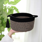 Small Woven Gift Basket Empty to Fill for Boys Man, Little Cotton Rope Bin for Desk, Bathroom, Shleves, Cute Decorative Plant Basket, 2 Pack, Pre-Shaped, With Gifts Bag & Ribbon, Black Brown
