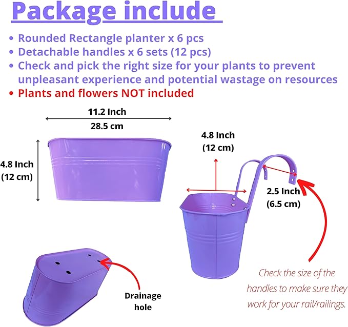LaLaGreen Outdoor Hanging Planter (11.2 Inch, 6 Pack) Light Blue, Neon Pink, Dark Purple, Yellow, Red Metal Iron Window Box Flower Pot Deck Railings Fence Buckets Modern Boho Style Home Garden Decor