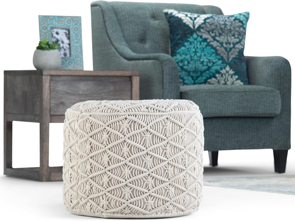 SIMPLIHOME Coates Round Pouf - 18 inch Wide Handwoven Cotton Macrame Ottoman in Natural, Boho Footstool, Decorative Pouf or Extra Seating for Living Room, Bedroom, or Kids Room, Assembled