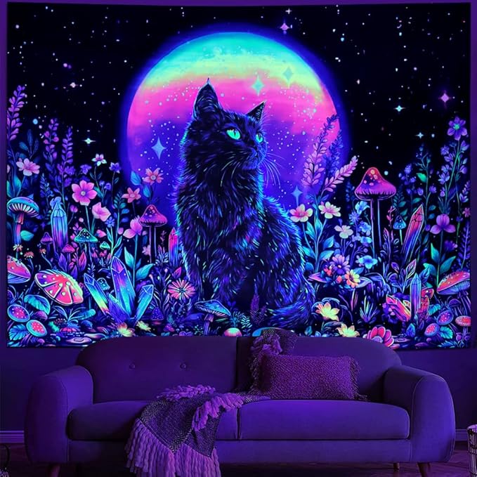 Dermijer Blacklight Black Cat Tapestry UV Reactive Moon Stars Floral Wall Hanging Tapestry Moonlit Garden Home Decor for Bedroom Living Room Dorm 92.5L x 70.8W