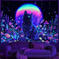 Dermijer Blacklight Black Cat Tapestry UV Reactive Moon Stars Floral Wall Hanging Tapestry Moonlit Garden Home Decor for Bedroom Living Room Dorm 59.1L x 51.2W