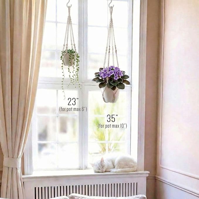 Macrame Plant Hanger 35", No Tassel Hanging Plant Holder, Sturdy Flower Pot Holder with 2 Hooks - Ivory