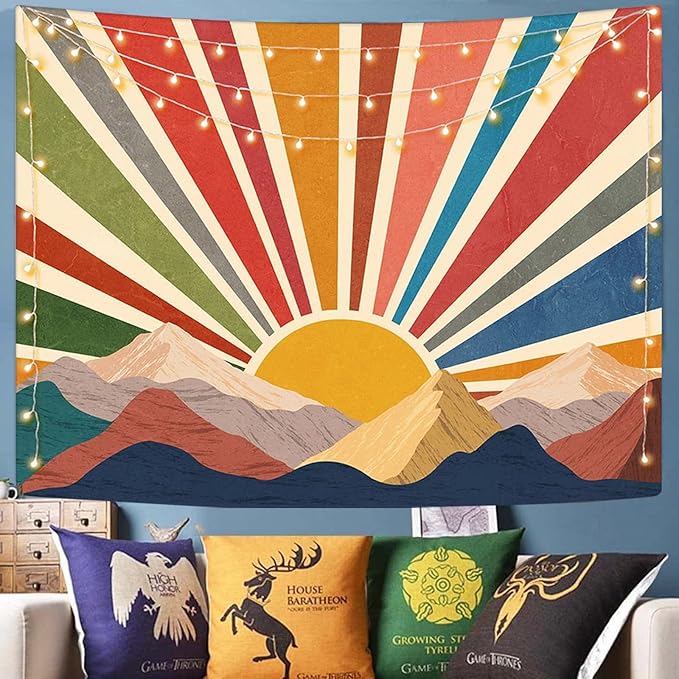 Aipon Sun Tapestry Boho Mountain Abstract Wall Hanging Tapestries Small Sunrise Sunset Western Retro Tapestrys Hippie Aesthetic Vintage Geometric Rainbow Tapastry's Indie Living Room Dorm (Yellow,