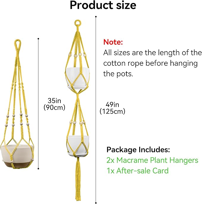 USLAI Macrame Plant Hanger Indoor Outdoor, Up to 4-15 inch Pot, Heavy 20lb Planters, Extra Long Strong Hanging Planter Basket Holder, Boho Home Decor, 35+49 Inch, Yellow (POTS NOT Included)