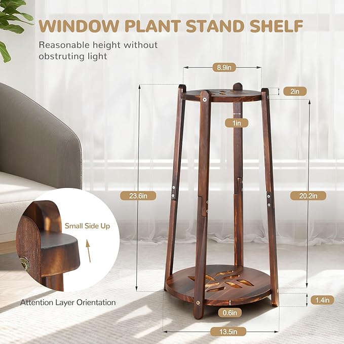 2 Tier Round Plants Stand Pedestal Indoor ,Wood Single Plant Shelf Corner,12 Inch Plant Pot Holder Rack ,Tall Flower Stands Shelves for Living Room Patio Balcony Outdoor,Rustic,Walnut