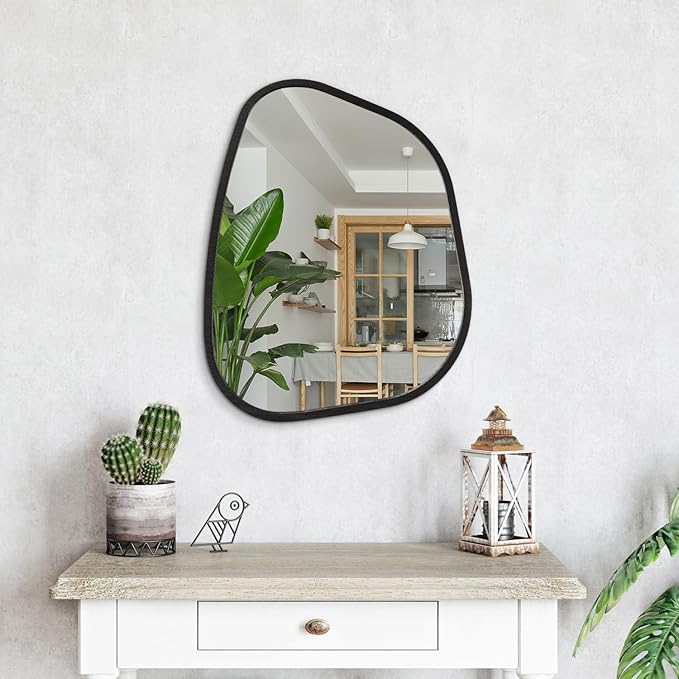 Irregular Wall Mirror Asymmetrical White Mirror Modern Wood Frame Unique Shape Wall Mounted Vanity Artistic Mirror Decor for Living Room Bedroom Bathroom Entryway Hallway 20"x16"