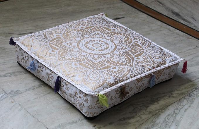 ICC Large Square Cotton Mandala Cushion Cover Hippie Ottoman Pouf Cover Daybed Floor Pillow Cover with Heavy Duty Zipper Seating Ottoman Poufs Dog-Pets Bed (White Flower Gold, 18" Square)
