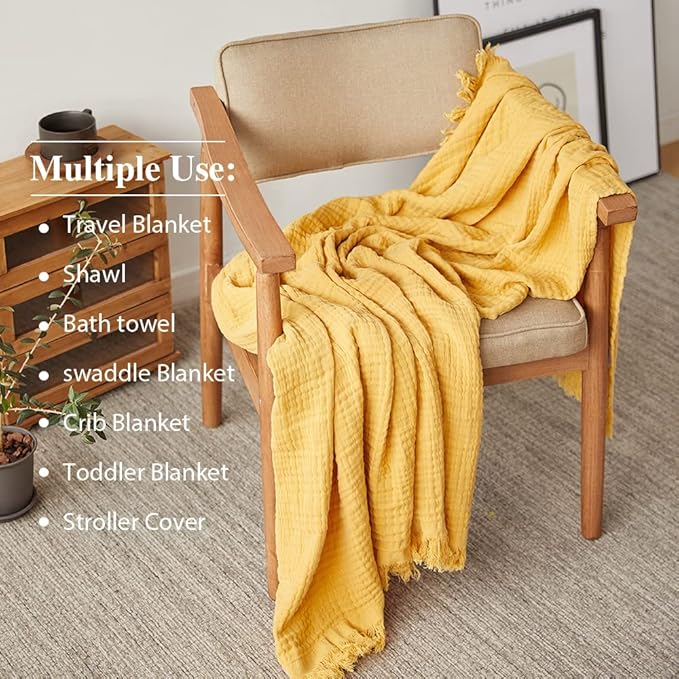 Simple&Opulence Cotton Muslin Throw Blanket for Bed, Couch, Knit Woven Gauze Blanket with Tassels, Soft Lightweight Cozy Pre-Washed Breathable Farmhouse Decoration for All-Season (Yellow)