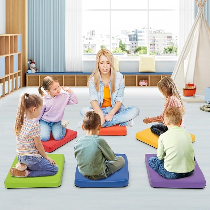 HONEY JOY 6PCS Floor Cushions for Kids, 16" Length Flexible Alternative Portable Classroom Seating with Handles, Easy to Clean, Thick Soft Foam Comfy Square Seats for Daycare Preschool, Colorful