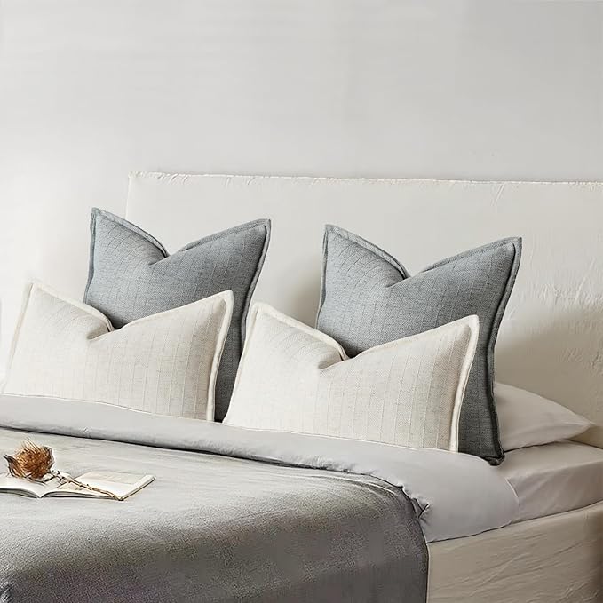 20x20 Linen Pillow Covers Steel Blue Pack of 2 Farmhouse Boho Neutral Accents Striped Textured Square Decorative Throw Pillow Cases for Living Room Couch Bed Home Decor