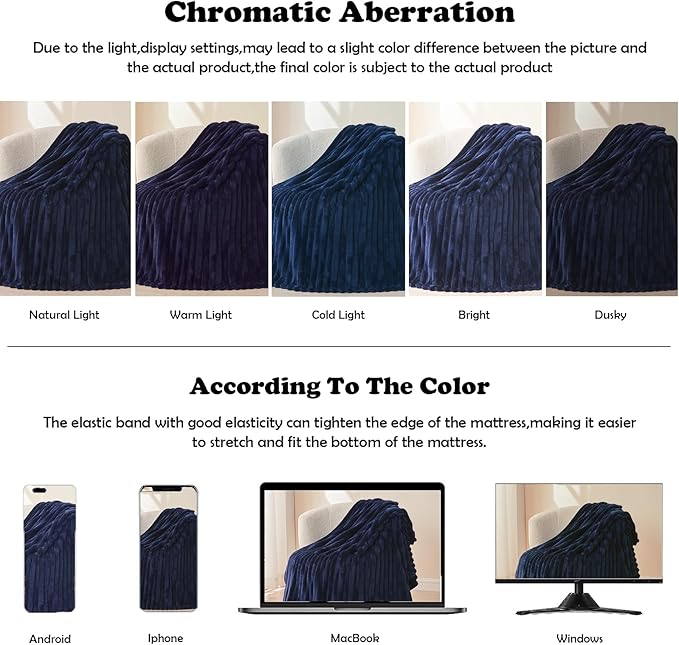 NEWCOSPLAY Super Soft King Blanket Dark Navy Premium Silky Flannel Fleece 3D Ribbed Jacquard Lightweight Bed Blanket All Season Use (Dark Navy Ribbed, King(90"x110"))