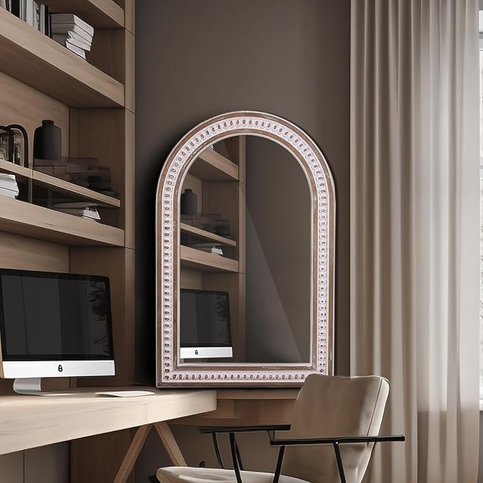 36 x 24 Inch Arched Wall Mirror with Beaded Wood Frame, Boho Farmhouse Decorative Arch Mirrors for Bathroom Over Sink, Living Room, Entryway