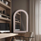 36 x 24 Inch Arched Wall Mirror with Beaded Wood Frame, Boho Farmhouse Decorative Arch Mirrors for Bathroom Over Sink, Living Room, Entryway