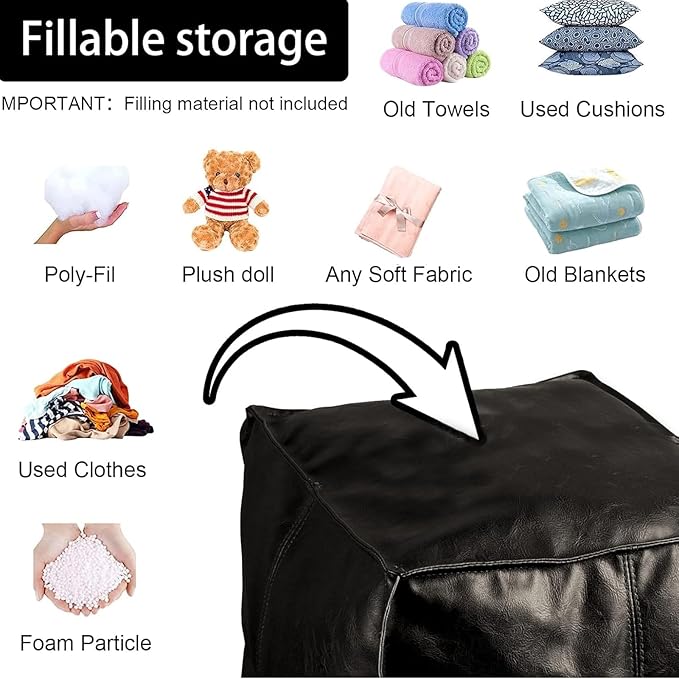 Louis Donné Square Unstuffed Pouf Ottoman Cover - Waterproof Faux Leather Footstool for Living Room, Modern Black Floor Cushion with Storage, Easy Clean, 18 Inch (Cover Only)
