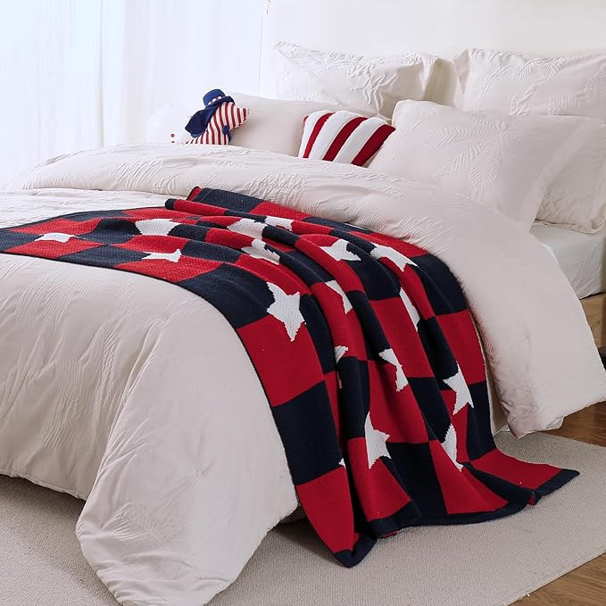 Amélie Home Patriotic Ultra Soft Knit Chenille Throw Blanket - Red White Blue Stars American Flag Pattern Cozy Blankets for Couch, 4th of July Memorial Independence Day Gifts, 50"x60", Red&Blue