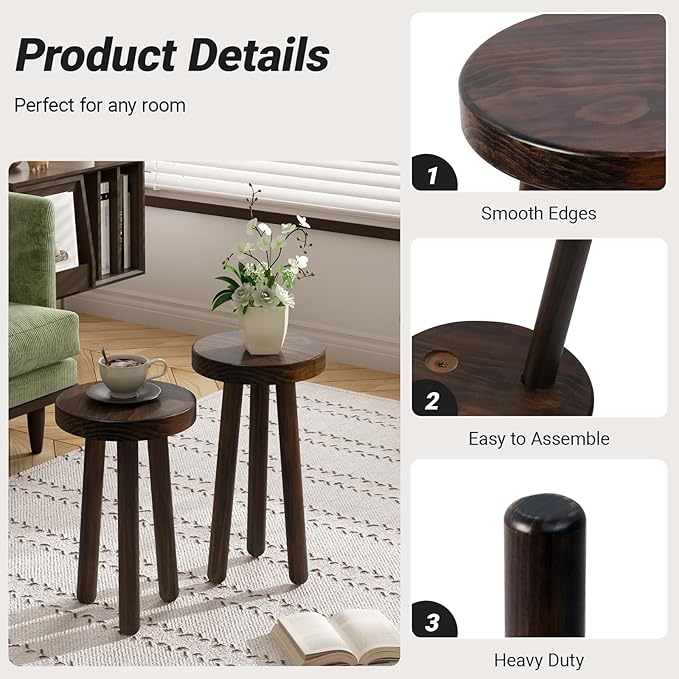 Wood Plant Stand Set of 2 (16+12" Tall) - Dark Walnut Round Solid Wood Plant Stand, Side Table, or Bathroom Stool - Heavy Duty Stool for Small Spaces