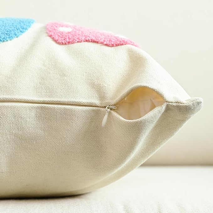 AVOIN colorlife Easter Polka Dot Heart Colorful Bunny Embroidered Throw Pillow Covers, 18 x 18 Inch Bow Rabbits Tufted Patterned Linen Decoration Cushion Case for Sofa Set of 2