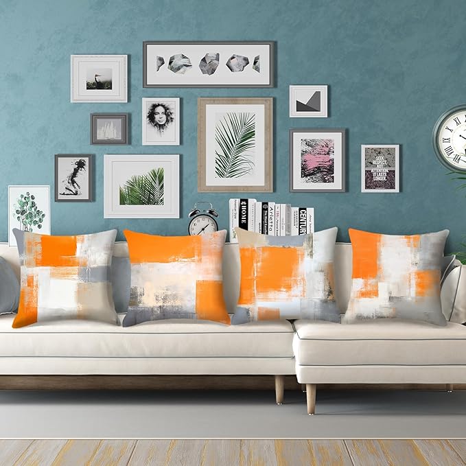 HOSTECCO Orange and Grey Throw Pillow Covers 18x18 inch Set of 4 Orange Abstract Art Pillow Cases Contemporary Square Decorative Cushion Covers for Sofa Couch Bed