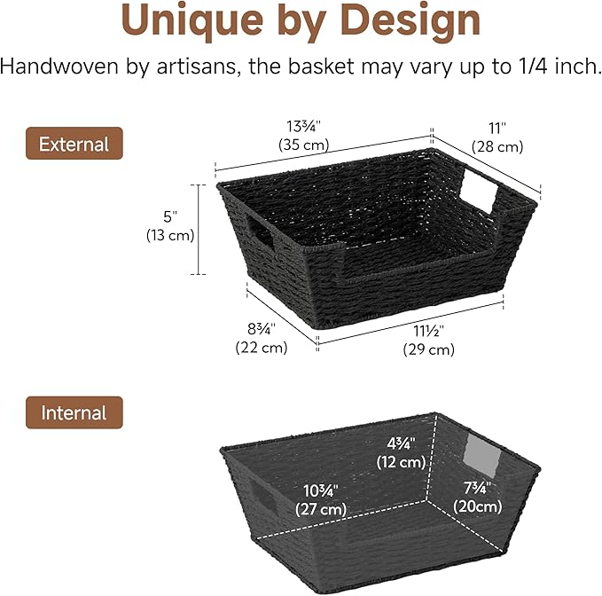 StorageWorks Wicker Storage Basket, Pantry Organizers and Storage, Stackable Storage Baskets for Shelves, Paper Rope Baskets for Organizing, Black