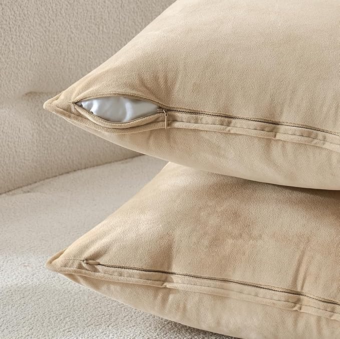 MIULEE Beige Velvet Throw Pillow Covers 18x18 Soft Decorative Solid Square Cushion Cases Pack of 2 Modern Luxury Home Decor for Couch, Sofa, Bedroom