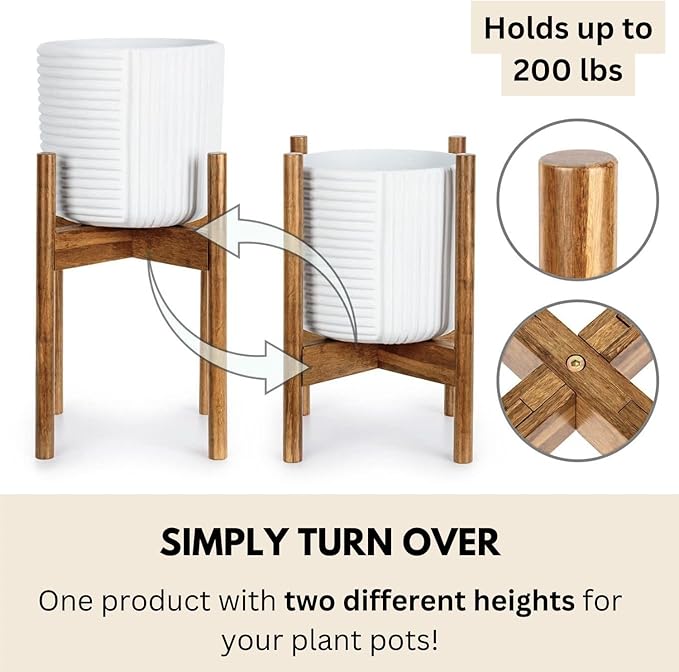 Fox & Fern Large Adjustable Plant Stand Indoor — 11 to 15 Inch Mid Century Bamboo Plant Stand - Plug In Design - Easy to Assemble - Two Heights - For 11, 12, 13, 14 & 15 Inch Pots (Not Included)
