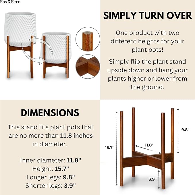 Fox & Fern Mid Century Plant Stand — 11.8 Inch Fixed Size Wooden Plant Stand for Indoor Planters (Not Included) - Large Flower Pot Holder for Indoor Big Pots - Plug In Design - Two Heights - Acacia