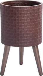 D'vine Dev 10 Inch Modern Geometric Tile Patterned Sleek Planter Pot with Stand, Indoor Outdoor Decorative Plant Holder, Espresso, 88-Z-B-6