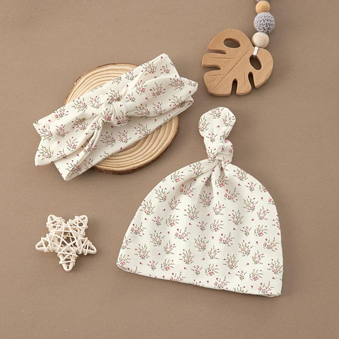 Newborn Swaddle Set with Matching Hat and Headband Bow, Wooden Birth Announcement Card, Muslin Baby Swaddle Blankets for Girls, Wildflower Pattern