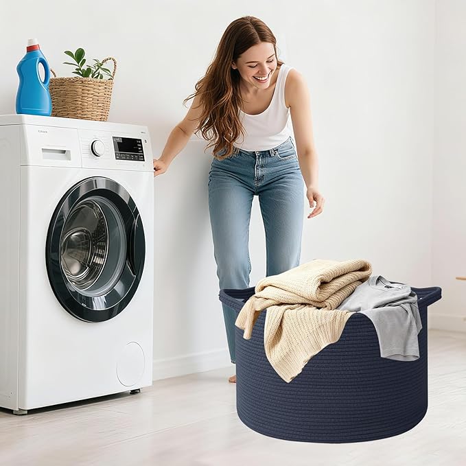 115L Large Blanket Basket,23.6" L x 23.6" W x 15.7" H Rope Woven Baskets with Handles, Toys Storage Bins,Laundry Basket Perfect for Living Room, Nursery,Bedroom,Home Organization,Dark Blue