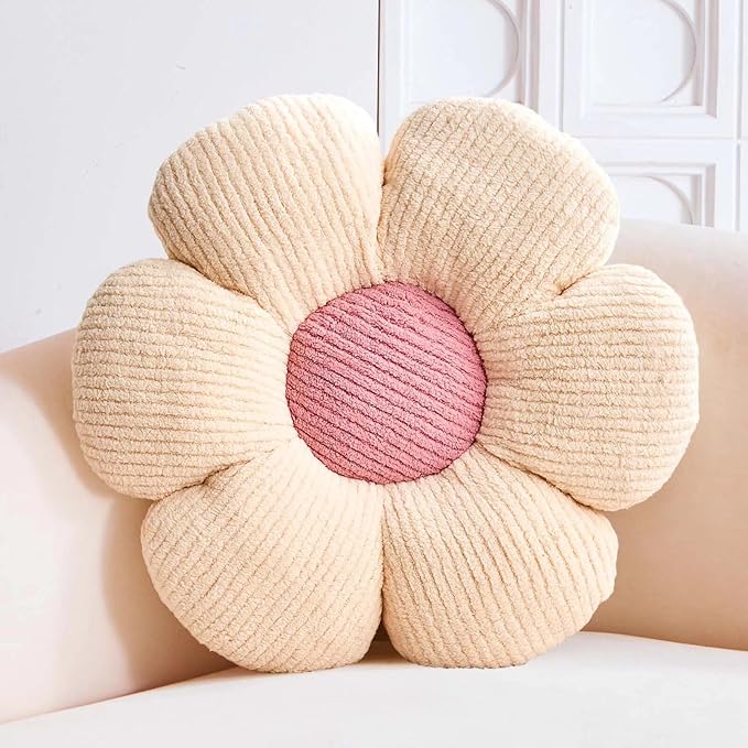Flower Pillow, Ivory Daisy Decorative Throw Pillows for Bed Couch, Cute Plush Aesthetic Pillow, Soft 19.6" Floor Seat Cushion