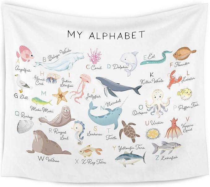 WARDOS Ocean Nursery Alphabet Tapestry, Sea Animals Kids Tapestry Wall Hanging, ABC Alphabet Educational Wall Blanket Decor for Classroom Toddler Kids Nursery Bedroom Playroom, 50x60 Inch