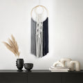 LB Boho Black White Grey Macrame Wall Hanging Hand Woven Leaf Pattern Tapestry Wall Art with Wood beads Modern Aesthetic Tassel Wall Decor for Home, Bedroom, Living Room