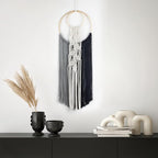 LB Boho Black White Grey Macrame Wall Hanging Hand Woven Leaf Pattern Tapestry Wall Art with Wood beads Modern Aesthetic Tassel Wall Decor for Home, Bedroom, Living Room