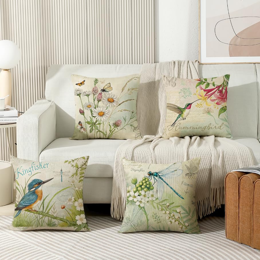 wyooxoo Throw Pillow Covers 18x18 Set of 4 Spring Summer Pillow Covers Flower Bird Farmhouse Outdoor Decorative Cushion Case for Sofa Couch Living Room - color: Color H, size: 18" x 18" (Pack of 4)