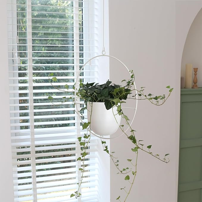 2 Pack Hanging Planters for Indoor Outdoor Plants Modern Metal Plant Hangers, Wall and Ceiling Hanging Plants Baskets Mid Century Minimalist Flower Pots Home Decor (White)