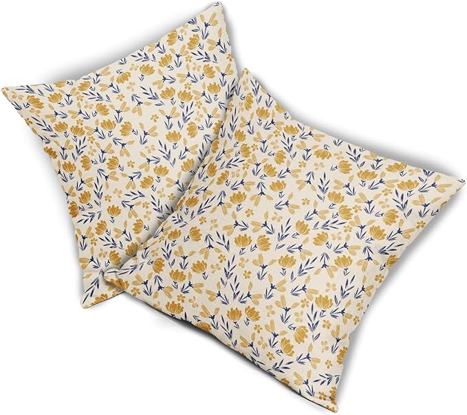 Navy Blue Yellow Floral Pillow Covers 20x20 Set of 2 Vintage Rustic Old Style Cute Small Flower Print Decorative Outdoor Pillowcases Farmhouse Throw Cushion Case Decor for Couch Sofa Bed