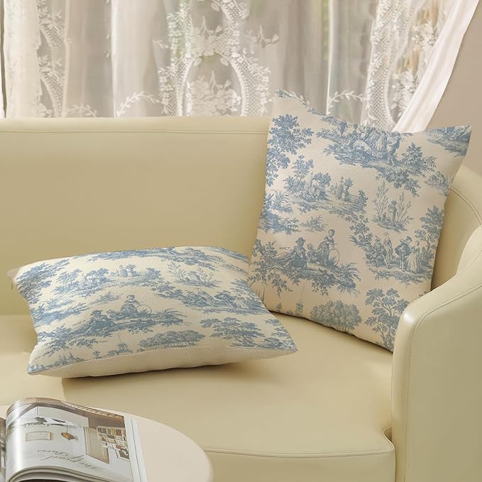 French Country Pillow Covers 18x18 Set of 2 Vintage Baby Blue Toile Throw Pillows Outdoor French Country Decorative Pillowcase Rustic Cottage Farmhouse Cushion Case for Couch Living Room Decor