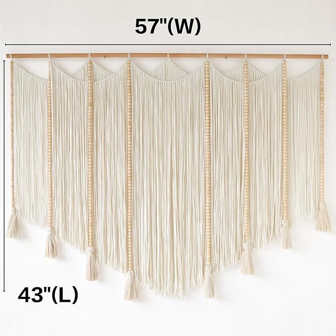 Jakalin Macrame Wall Hanging White Beads Boho Wall Decor for Living Room Bedroom or Nursery Texture Yarn Wall Art 57" W × 43" L