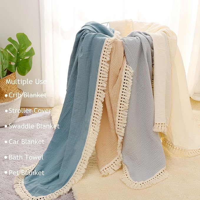 insular Cotton Muslin Baby Blanket with Tassel, Boho Bohemian Muslin Swaddle Blanket Baby Receiving Blanket with Fringe, Nursery Decor Throw or Nursing Blankets, 47" x40”, Beige